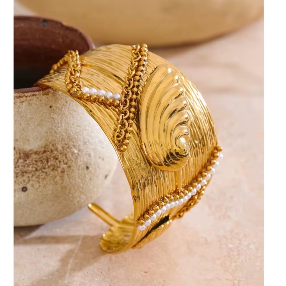 Anthropologie Gold Textured Cuff Bracelet with Pearl Detail